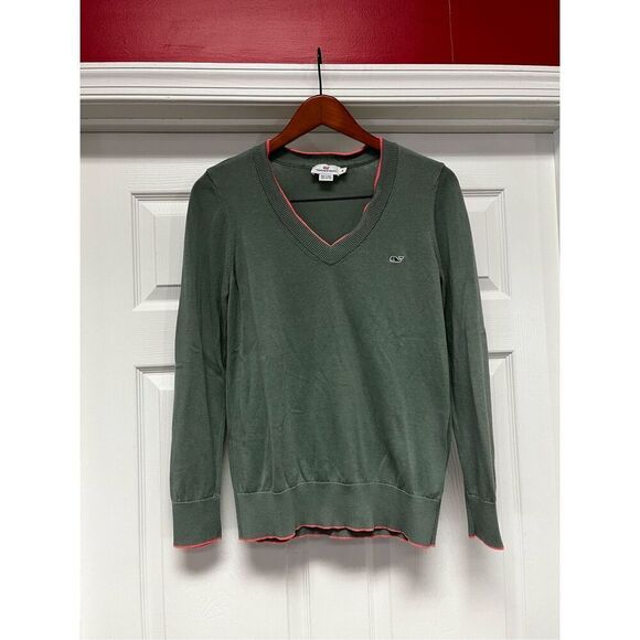 Vineyard Vines Moss Green & Salmon Ladies V-Neck Sweater sz M EUC - Picture 1 of 8